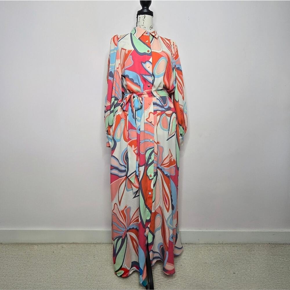 Alexis LongSleeve Collared Button Front Bold Floral Maxi Dress w/ Tie Size S